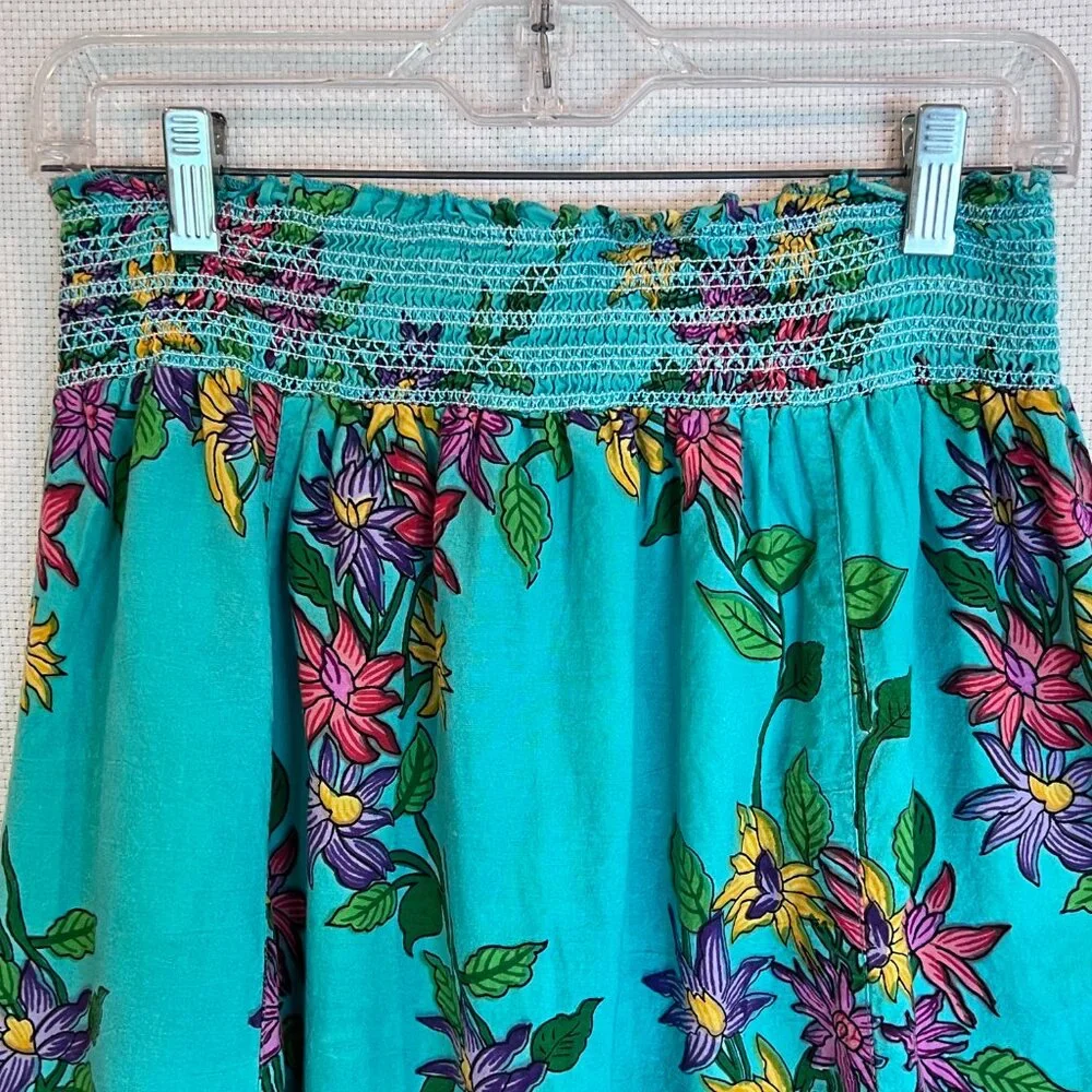 Boho Floral Maxi Skirt S Smocked Waist Tiered Hem Festival‎ Hippie Derek Heart